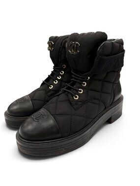 Chanel CC Logo Quilted Leather Short Boots Black Box Bag Included 37.5